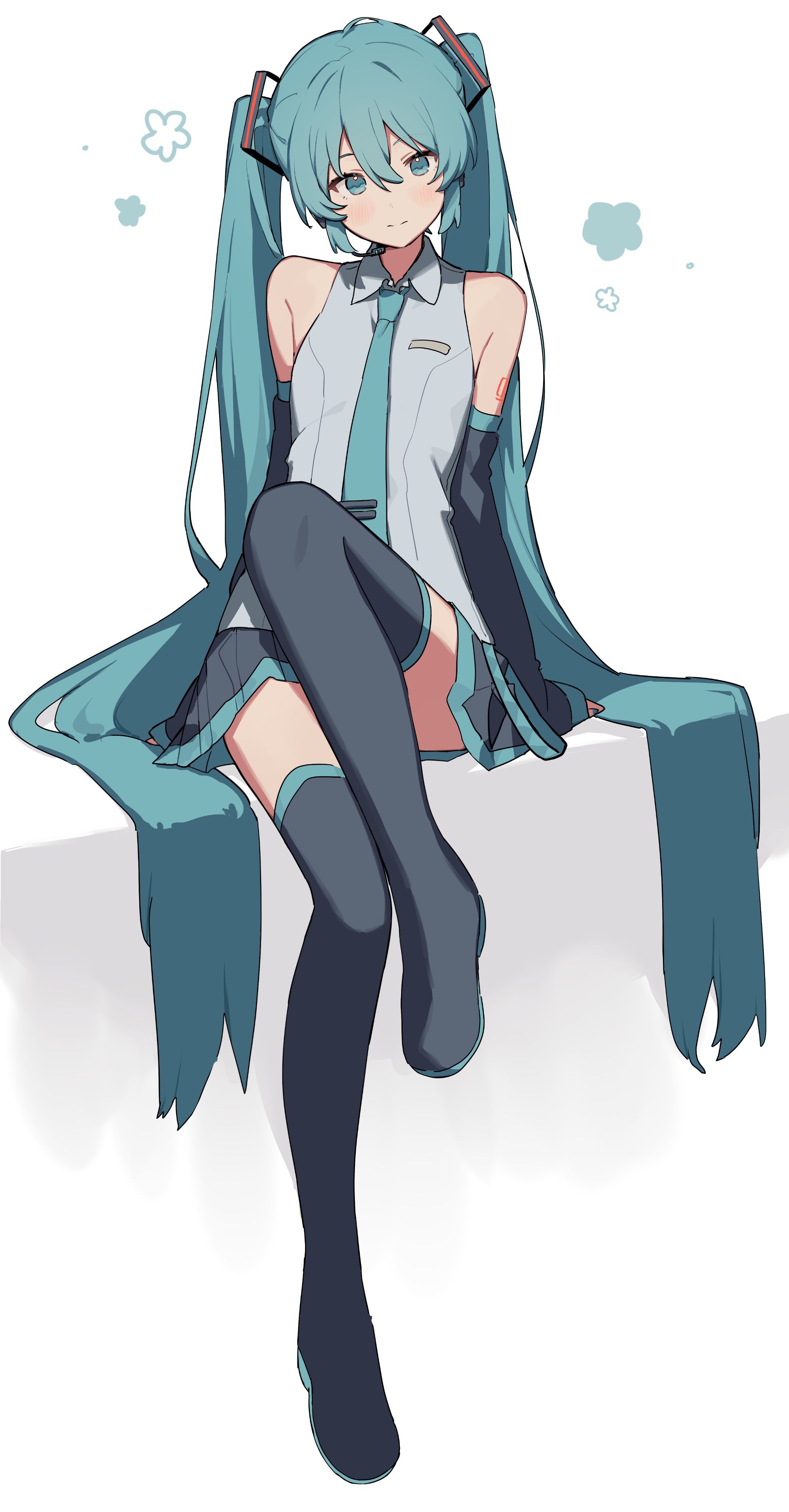 shiratakiseaice, hatsune miku, vocaloid, absurdres, hashtag-only commentary, highres, 1girl, aqua eyes, aqua hair, aqua nails, aqua necktie, bare shoulders, black skirt, black sleeves, black thighhighs, boots, closed mouth, collared shirt, detached sleeves, full body, grey shirt, hair between eyes, headgear, leg up, long hair, looking at viewer, microphone, nail polish, necktie, number tattoo, pleated skirt, shirt, shoulder tattoo, sitting, skirt, sleeveless, sleeveless shirt, sleeves past wrists, solo, tattoo, thigh boots, thighhighs, twintails, very long hair, white background