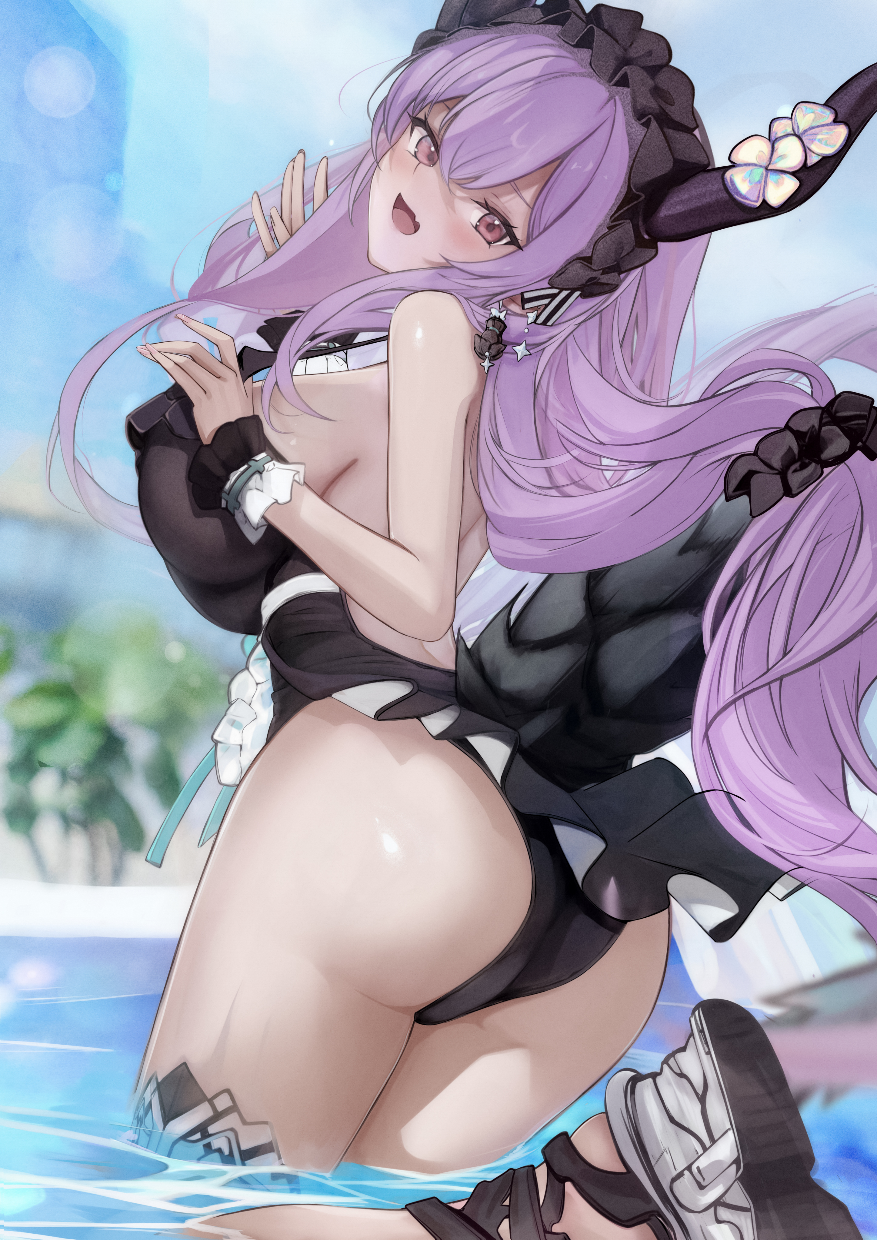 462vvv, typhon (arknights), typhon (temperature difference) (arknights), arknights, absurdres, commentary, highres, revision, 1girl, ass, black hairband, black horns, black one-piece swimsuit, black tail, blurry, blurry background, breasts, fake horns, flower, frilled hairband, frilled one-piece swimsuit, frilled wristband, frills, from behind, hairband, horn flower, horn hairband, horns, huge breasts, long tail, looking at viewer, looking back, official alternate costume, one-piece swimsuit, partially submerged, pink eyes, purple hair, sideboob, smile, solo, swimsuit, tail, wading, wristband