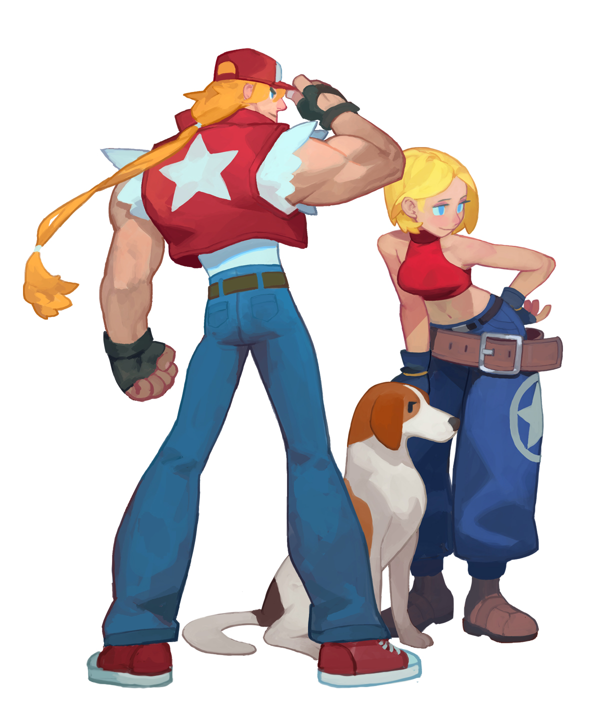fl (l-fl), blue mary, terry bogard, fatal fury, commentary, english commentary, highres, 1boy, 1girl, baseball cap, blonde hair, blue eyes, crop top, denim, dog, fatal fury cap, fingerless gloves, gloves, hat, jeans, long hair, midriff, pants, ponytail, short hair, simple background, sleeveless, white background