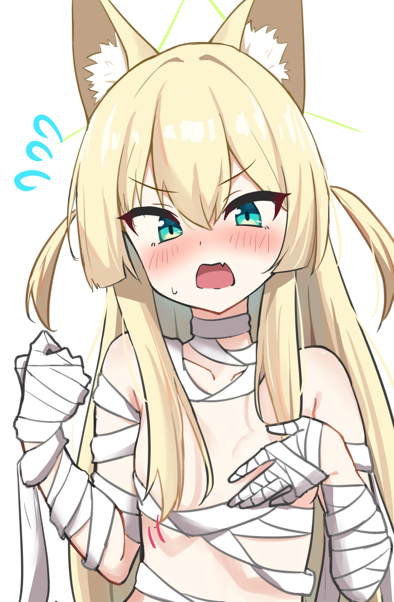 nuporaimu, kurumi (blue archive), blue archive, commentary request, highres, 1girl, alternate costume, animal ear fluff, animal ears, bandaged arm, bandaged chest, bandaged neck, bandages, bare shoulders, blonde hair, blush, breasts, convenient censoring, covering breasts, covering privates, embarrassed, fang, flying sweatdrops, fox ears, fox girl, green eyes, green halo, hair between eyes, hair censor, halloween costume, halo, hands up, long hair, looking at viewer, mummy costume, naked bandage, nose blush, open mouth, sidelocks, skin fang, small breasts, solo, straight hair, triangle halo, two side up, upper body, v-shaped eyebrows, very long hair, wardrobe malfunction, wavy mouth