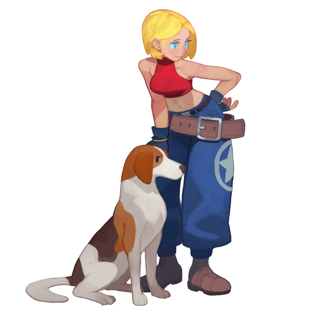 fl (l-fl), blue mary, fatal fury, snk, the king of fighters, commentary, english commentary, highres, 1girl, blonde hair, blue eyes, breasts, crop top, dog, fingerless gloves, gloves, midriff, short hair, simple background, white background