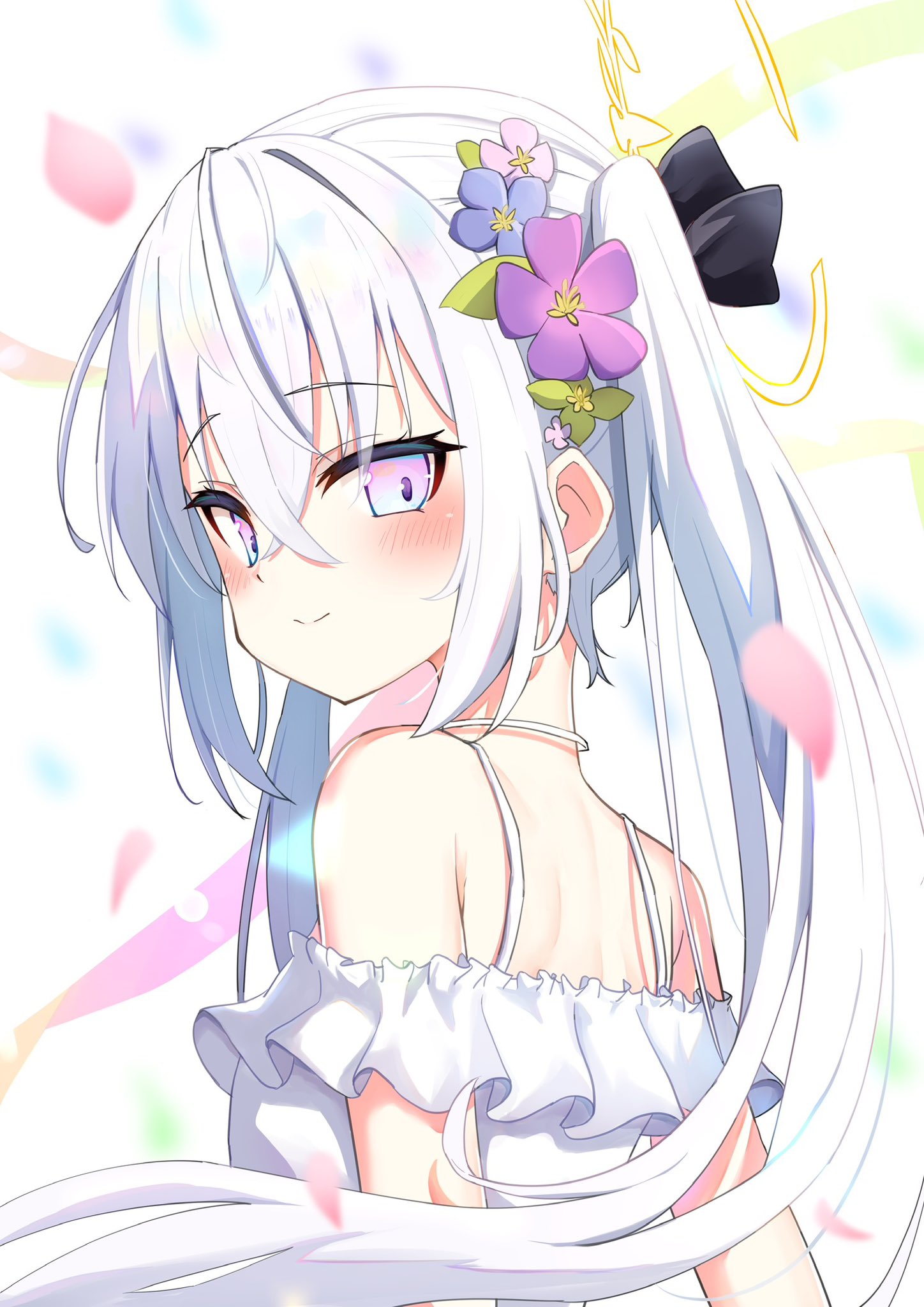 nuporaimu, azusa (blue archive), blue archive, commentary, highres, 1girl, alternate costume, alternate hairstyle, back, bare shoulders, black bow, blue eyes, blue flower, blush, bow, closed mouth, crescent halo, crossed bangs, dress, falling petals, floating hair, flower, frilled dress, frills, from behind, hair between eyes, hair bow, hair ornament, halo, leaf hair ornament, long hair, looking at viewer, looking back, multicolored eyes, off-shoulder dress, off shoulder, petals, purple eyes, purple flower, sidelocks, simple background, smile, solo, spaghetti strap, sundress, twintails, two-tone eyes, upper body, very long hair, white background, white dress, white hair, yellow halo