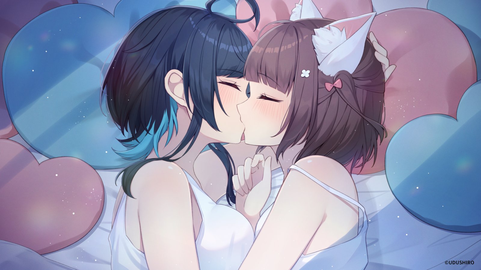 kisaragi shiroru, indie virtual youtuber, commentary request, highres, 2girls, animal ear fluff, animal ears, black hair, blue hair, blush, brown hair, camisole, cat ears, closed eyes, colored inner hair, heart, heart-shaped pillow, kisaragi shiroru (vtuber), kiss, multicolored hair, multiple girls, pillow, short hair, strap slip, suzumura udzuki, white camisole, yuri