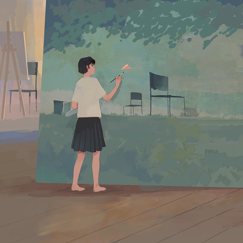 bangqiao yan, original, 1girl, barefoot, black hair, black shirt, bob cut, chair, easel, full body, holding, holding paint palette, holding paintbrush, indoors, paint palette, paintbrush, painting (action), paper airplane, shadow, shirt, short hair, solo, t-shirt, white shirt, wooden floor
