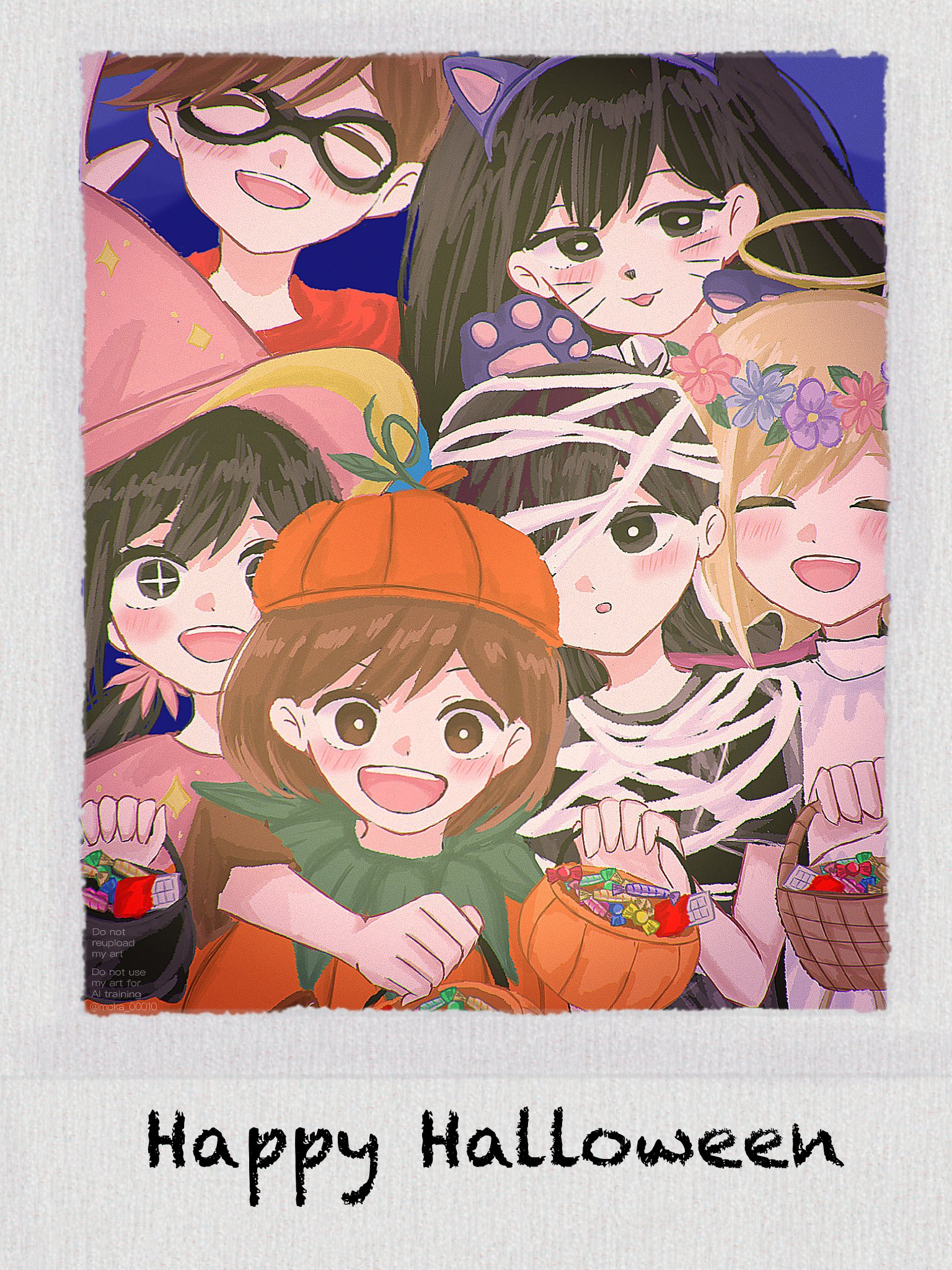 aubrey (faraway) (omori), aubrey (omori), basil (faraway) (omori), basil (omori), hero (faraway) (omori), hero (omori), kel (faraway) (omori), kel (omori), mari (faraway) (omori), mari (omori), sunny (omori), omori, highres, + +, 2girls, 4boys, alternate eye color, alternate hairstyle, angel, animal ear hairband, animal ears, basket, black eyes, black hair, black mask, blonde hair, blush, bright pupils, brother and sister, brothers, brown eyes, brown hair, candy, cat ear hairband, cat ears, closed eyes, domino mask, eye mask, fake animal ears, fake halo, flower, flower wreath, food, hairband, halo, happy birthday, hat, head wreath, holding, holding basket, long hair, looking at viewer, low twintails, mask, moka 00010, multiple boys, multiple girls, mummy costume, open mouth, pink hat, short hair, siblings, smile, teeth, twintails, upper teeth only, white pupils, witch hat