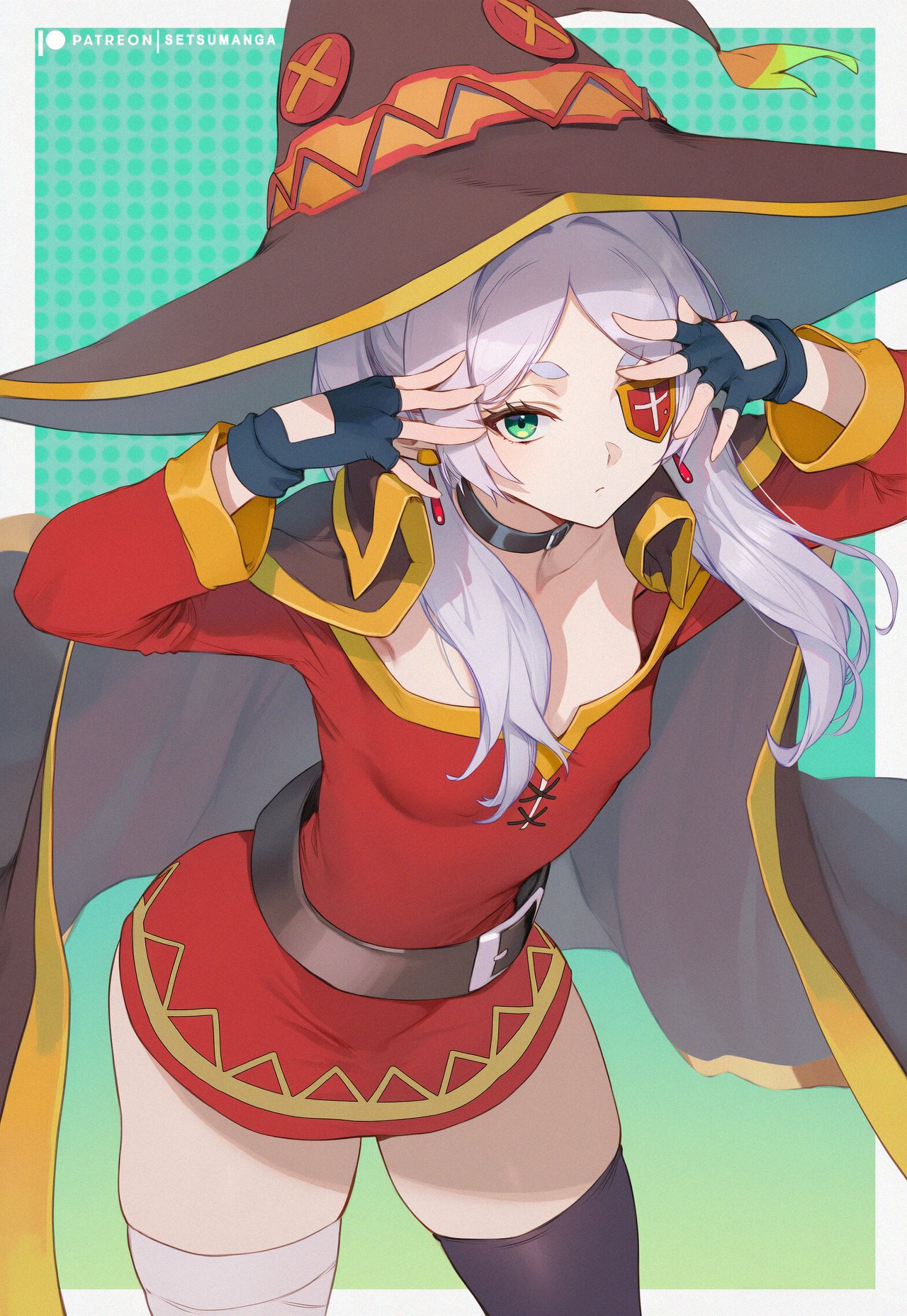 setsumanga, frieren, megumin, bandaged leg, bandages, cape, dress, eyepatch, fingerless gloves, gloves, green eyes, hat, megumin (cosplay), red dress, white hair, witch hat
