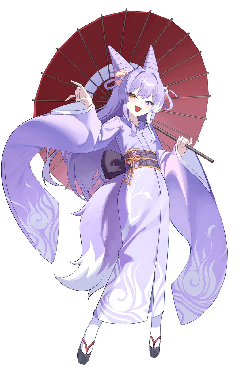 g godocbaek, tenko shibuki, stellive, hashtag-only commentary, highres, 1girl, blue eyes, cone hair bun, contrapposto, double-parted bangs, double bun, fang, fox girl, fox tail, full body, hair bun, hair rings, hands up, heterochromia, holding, holding umbrella, japanese clothes, kimono, long sleeves, looking at viewer, obi, oil-paper umbrella, open mouth, purple hair, purple kimono, purple tail, sash, simple background, smile, solo, standing, tabi, tail, umbrella, v-shaped eyebrows, virtual youtuber, white background, wide sleeves, yellow eyes
