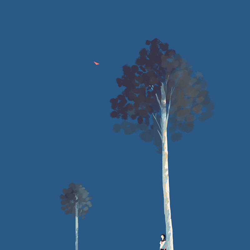 bangqiao yan, original, 1girl, black hair, black skirt, blue sky, clear sky, cowboy shot, day, faceless, mini person, minigirl, neck ribbon, paper airplane, ribbon, scenery, shirt, short hair, skirt, sky, sky focus, standing, tree, white shirt