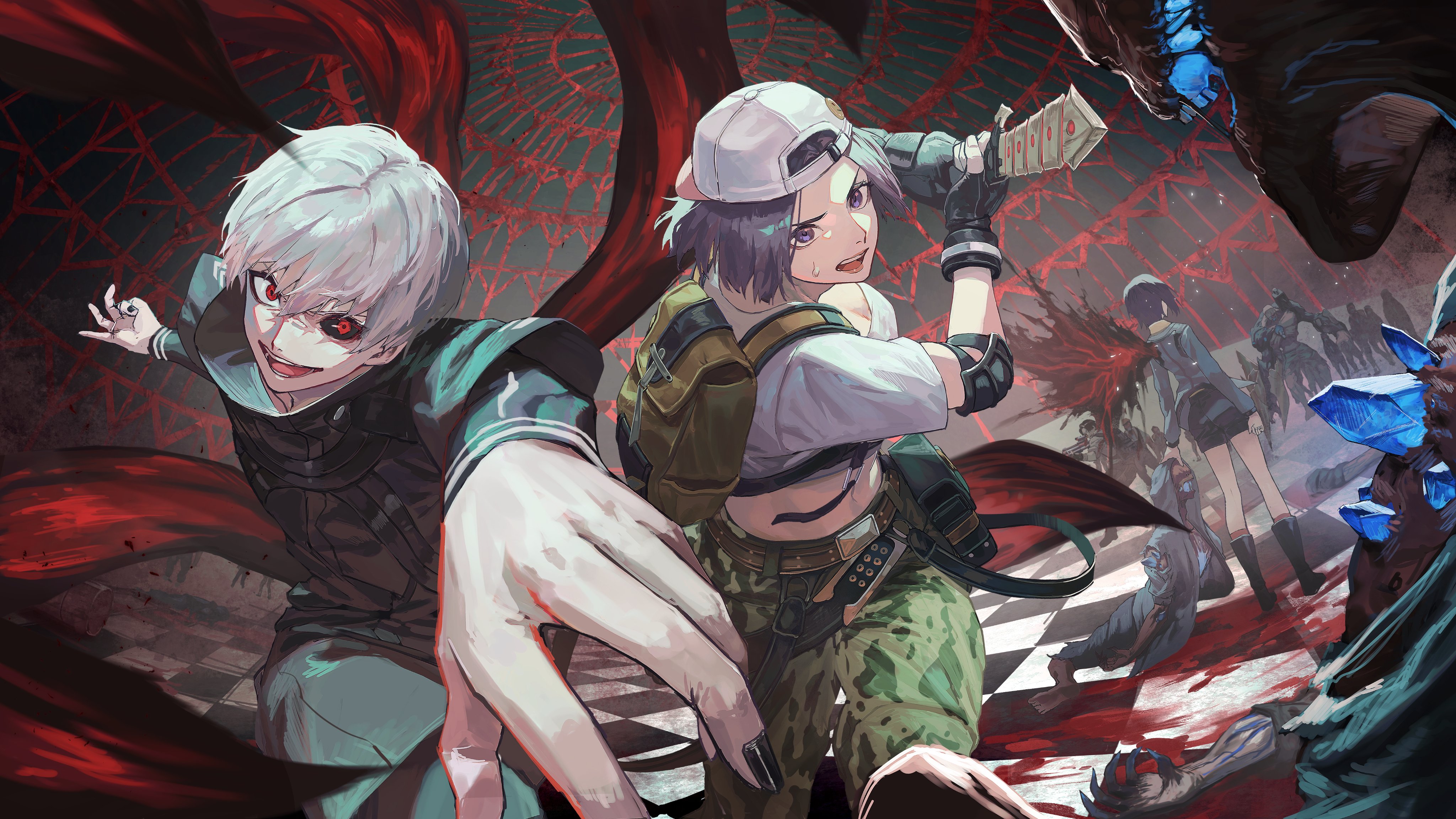makitoshi0316, kaneki ken, kirishima touka, tokyo ghoul, absurdres, character request, highres, 1boy, 2girls, backwards hat, black nails, blue hair, breasts, cleavage, fingerless gloves, gloves, hat, long sleeves, looking at viewer, midriff, multiple girls, navel, open mouth, red eyes, short hair, smile, white hair