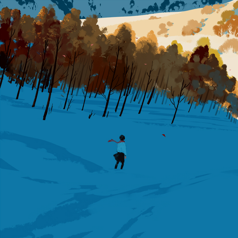 bangqiao yan, original, 1girl, black hair, black pants, black skirt, forest, from behind, long sleeves, mountainous horizon, nature, pants, paper airplane, red scarf, scarf, scenery, shirt, short hair, skirt, snow, solo, tree, walking, white shirt