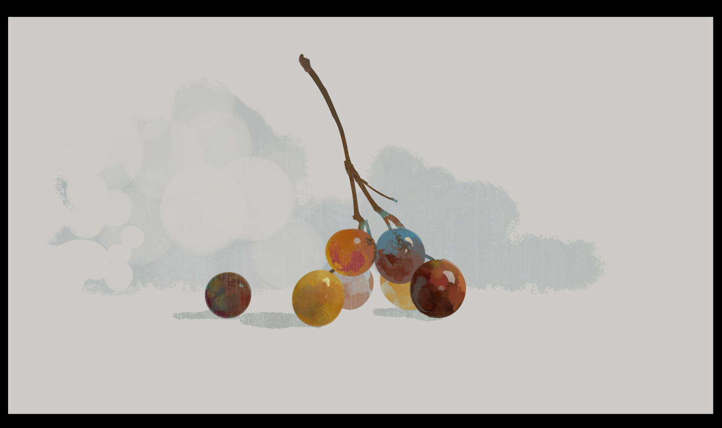 bangqiao yan, original, black border, border, cloud, food, food focus, fruit, grapes, no humans, painterly, simple background, white background