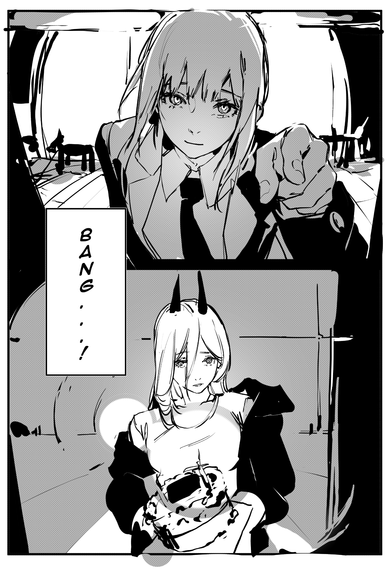 kuno (runkunochan), makima (chainsaw man), power (chainsaw man), chainsaw man, highres, 2girls, cake, coat, collared shirt, demon girl, demon horns, food, greyscale, hair between eyes, horns, jacket, long hair, long hair between eyes, monochrome, multiple girls, necktie, pointing, shirt