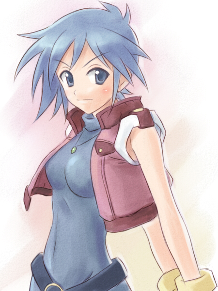 satogo, allenby beardsley, g gundam, gundam, bad id, bad pixiv id, 1990s (style), 1girl, blue bodysuit, blue eyes, blue hair, bodysuit, cropped jacket, female focus, jewelry, matching hair/eyes, necklace, retro artstyle, short hair, solo, vest