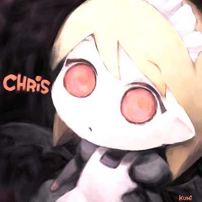 tanaka kunihiko, original, archived source, commentary, english commentary, lowres, apron, artist name, bat wings, black background, black dress, black sleeves, black wings, blonde hair, character name, chris the vampire, dress, hair between eyes, juliet sleeves, long sleeves, looking up, maid, maid apron, maid headdress, medium hair, no nose, no pupils, no sclera, pale skin, pointy ears, puffy sleeves, simple background, solid circle eyes, vampire, white apron, white headdress, wings