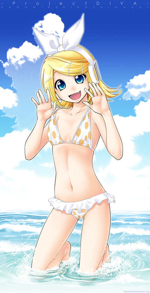 kitano tomotoshi, kagamine rin, project diva, project diva (series), vocaloid, 1girl, bikini, cloud, day, female focus, happy, polka dot, polka dot bikini, polka dot swimsuit, sky, smile, solo, swimsuit, white bikini