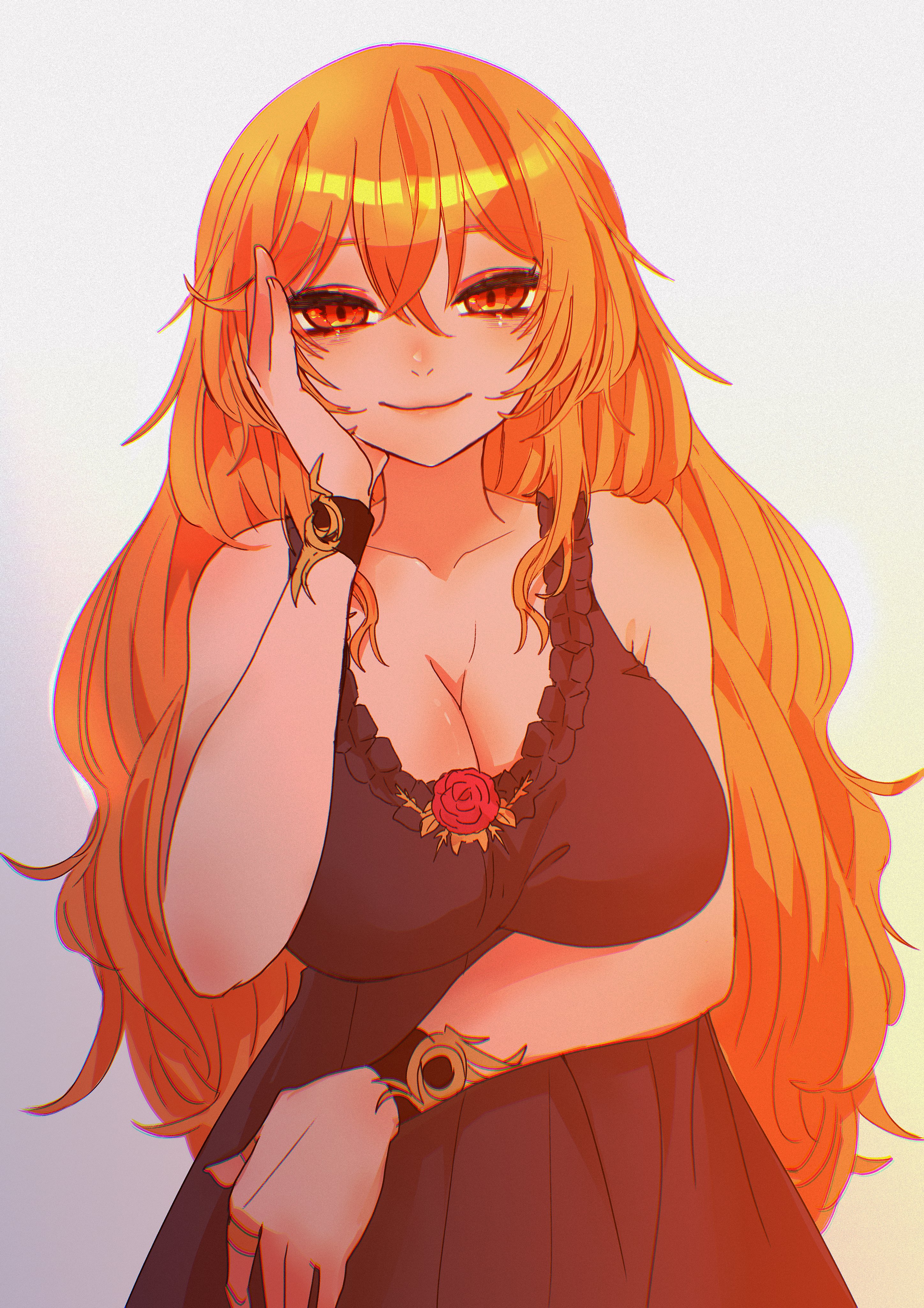 mythos (artist), apollo mythos (vtuber), mythos (vtuber), absurdres, commentary, english commentary, highres, 1girl, arm under breasts, black dress, black wrist cuffs, breasts, cleavage, closed mouth, collarbone, dark-skinned female, dark skin, dress, eyeshadow, female focus, flower, gradient background, gradient hair, half-closed eyes, hand on own cheek, hand on own face, large breasts, lips, long hair, makeup, matching hair/eyes, multicolored hair, orange eyeshadow, orange hair, rose, simple background, sleeveless, sleeveless dress, smile, solo, straight-on, sundress, upper body, very long hair, wavy hair, wrist cuffs