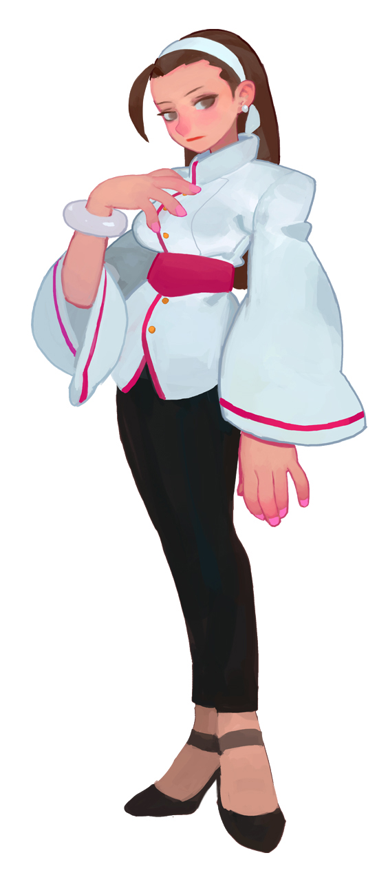 fl (l-fl), kagura chizuru, the king of fighters, commentary, english commentary, highres, 1girl, brown eyes, brown hair, earrings, headband, jewelry, long hair, pink nails, simple background, solo, white background