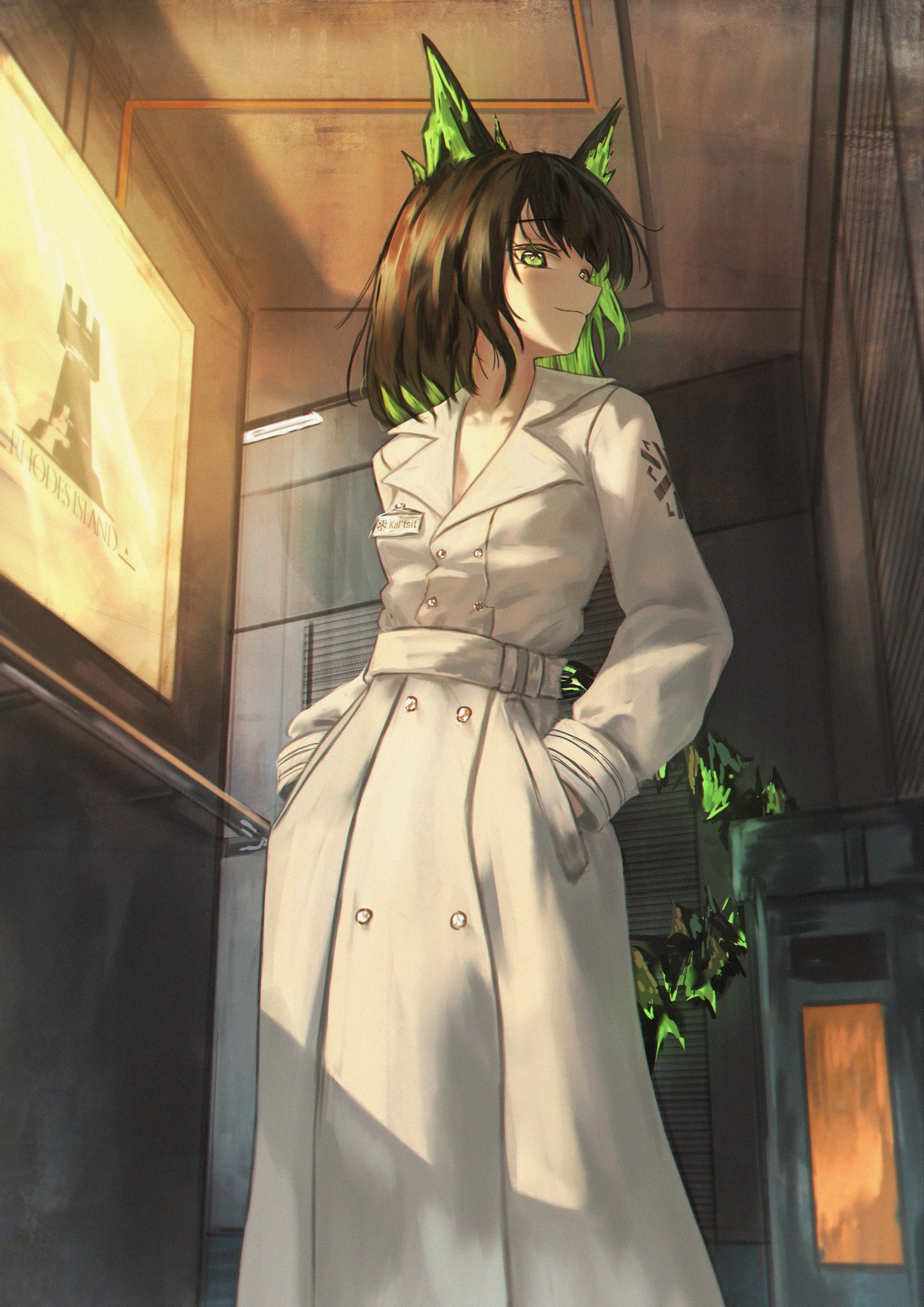 mrsillust, mon3tr (arknights), arknights, commentary, english commentary, highres, 1girl, black hair, buttons, character name, closed mouth, coat, colored inner hair, double-breasted, feet out of frame, green eyes, hands in pockets, indoors, long sleeves, looking at viewer, medic logo (arknights), medium hair, multicolored hair, profile, rhodes island logo (arknights), smile, solo, standing, tail, trench coat, turning head, white coat