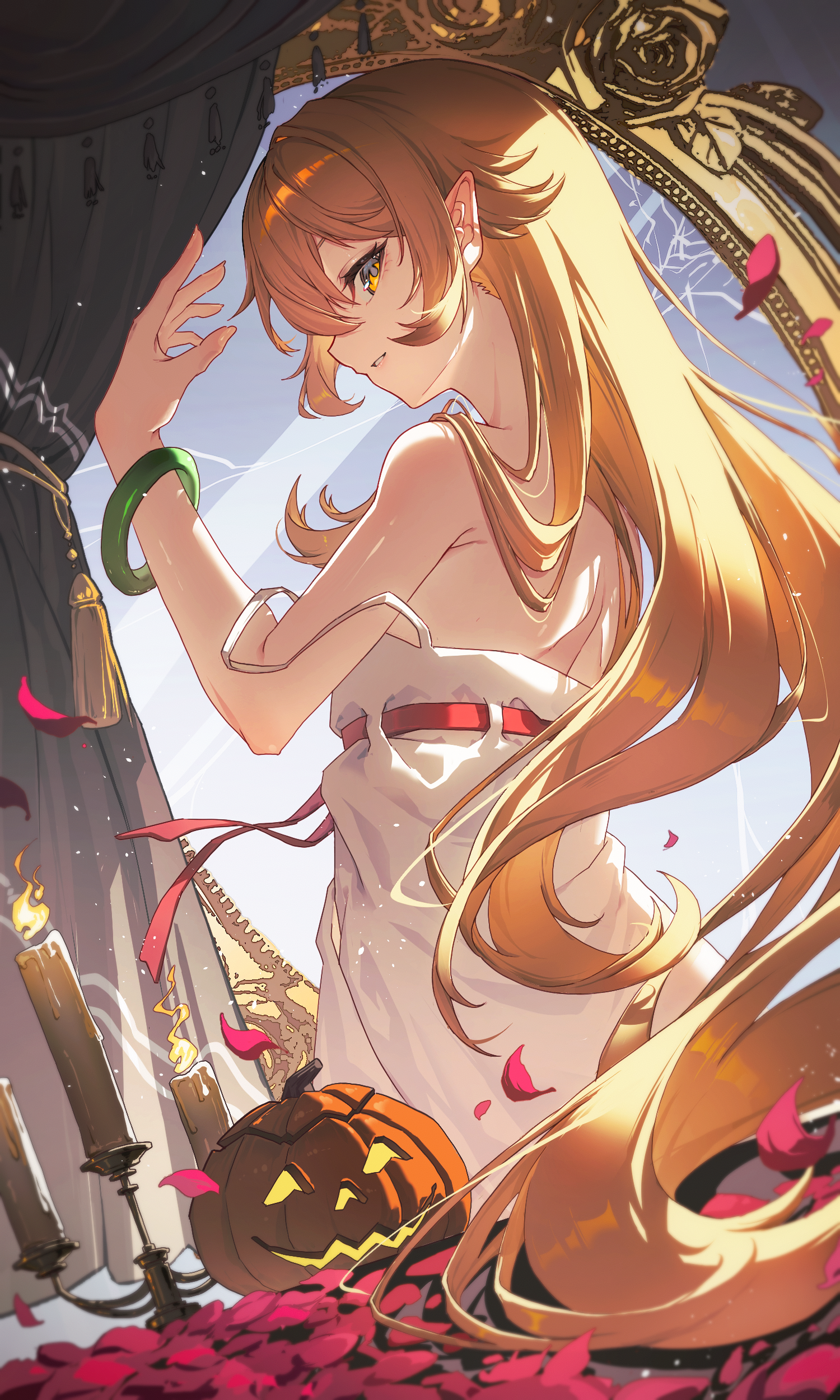 enoharatoki, oshino shinobu, monogatari (series), absurdres, chinese commentary, commentary, highres, 1girl, arm at side, blonde hair, blurry, blurry foreground, bracelet, candle, candlestand, cowboy shot, crack, curtains, dress, dress ribbon, fire, from behind, from below, gold trim, hair between eyes, hair flaps, hand up, jack-o'-lantern, jewelry, light particles, lips, long hair, mirror, parted lips, petals, pointy ears, profile, pumpkin, red petals, red ribbon, ribbon, sidelocks, strap slip, sundress, very long hair, white dress, yellow eyes