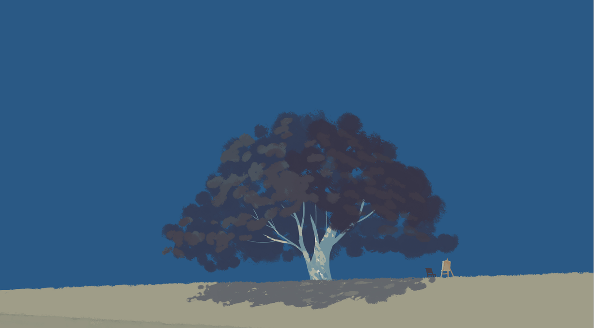 bangqiao yan, original, birch tree, blue sky, chair, clear sky, dappled sunlight, dutch angle, easel, no humans, scenery, sky, sunlight, tree