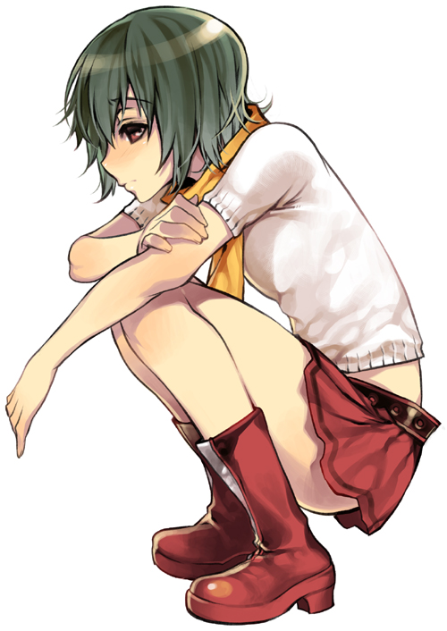 gotou hisashi, nonem, original, bad id, bad pixiv id, 1girl, belt, blush, boots, female focus, green hair, miniskirt, pleated skirt, profile, red eyes, scarf, short hair, simple background, skirt, solo, squatting, sweater