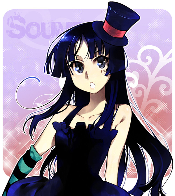 gotou hisashi, nonem, akiyama mio, don't say "lazy", k-on!, bad id, bad pixiv id, 00s, 1girl, black dress, black hair, blue eyes, detached sleeves, dress, female focus, hat, long hair, mini hat, mini top hat, solo, standing, top hat