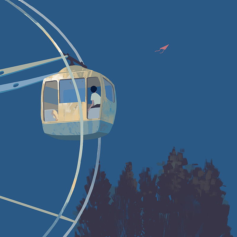 bangqiao yan, original, 1boy, black hair, black shorts, blue sky, clear sky, ferris wheel, full body, paper airplane, scenery, shirt, short hair, shorts, sky, solo, t-shirt, tree, white shirt