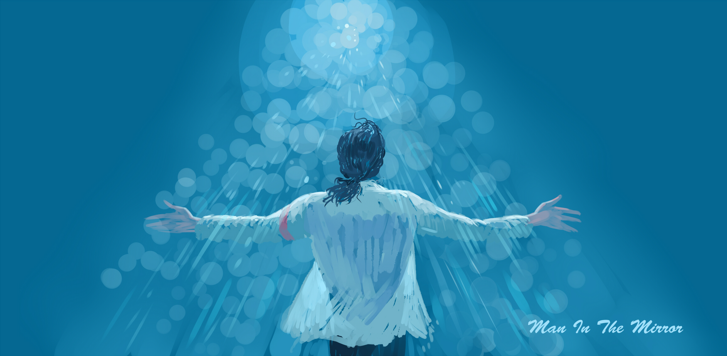 bangqiao yan, michael jackson, real life, highres, 1boy, black hair, blue theme, english text, from behind, lens flare, low ponytail, male focus, open clothes, open shirt, outstretched arms, ponytail, rain, shirt, solo, upper body, white shirt