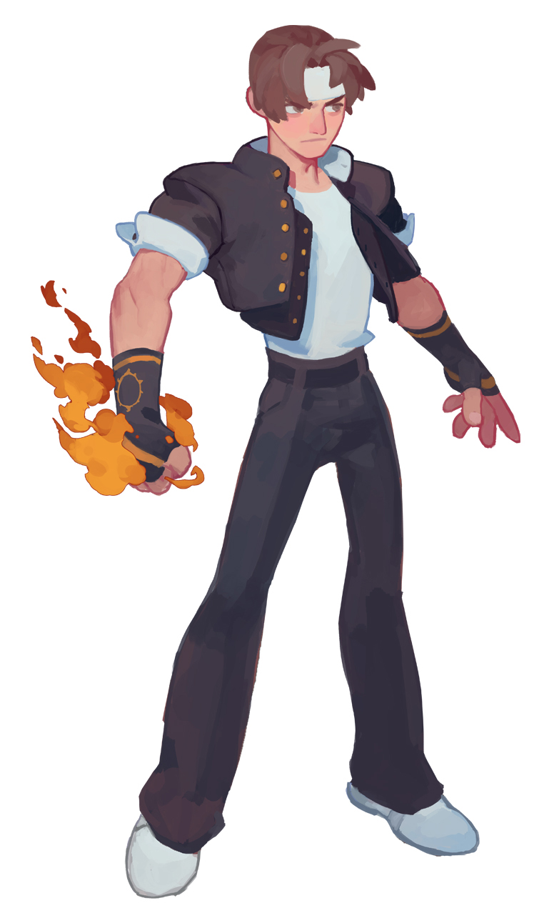 fl (l-fl), kusanagi kyou, the king of fighters, commentary, english commentary, highres, 1boy, brown eyes, brown hair, fingerless gloves, fire, gloves, jacket, pyrokinesis, short hair, simple background, solo, white background