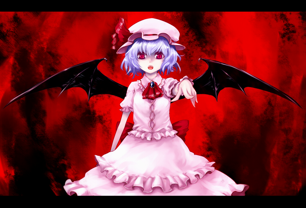 kuroino (kuroyashiro), remilia scarlet, touhou, bad id, bad pixiv id, 1girl, bat wings, blue hair, female focus, hat, pointing, red eyes, short hair, solo, wings