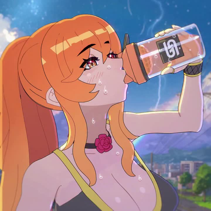 amplected, apollo mythos (vtuber), mythos (vtuber), animated, looping animation, video, 1girl, 2025, arm at side, arm up, black choker, black sports bra, blinking, blue sky, blurry, blurry background, bouncing breasts, breasts, choker, cityscape, cleavage, cup, dark-skinned female, dark skin, day, depth of field, drinking, english text, eyebrows hidden by hair, female focus, flower, gradient hair, holding, holding cup, jewelry, jiggle, large breasts, long hair, multicolored hair, multiple rings, orange eyes, orange hair, outdoors, ponytail, ring, rose, sky, solo, sports bra, sweat, tree, upper body, very long hair, virtual youtuber, wristband, yellow trim