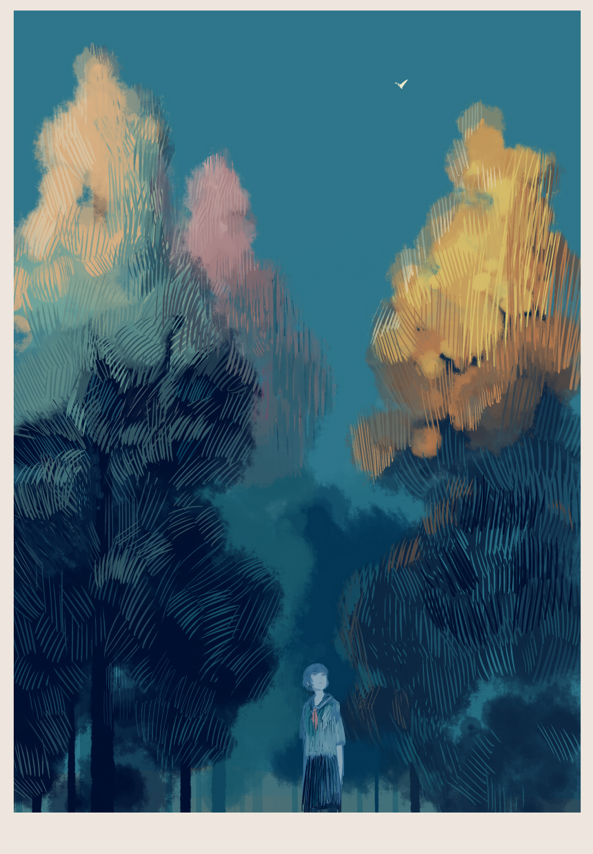 bangqiao yan, original, facing up, highres, 1girl, aircraft, airplane, black hair, black skirt, bob cut, border, day, faceless, neck ribbon, outdoors, ribbon, shirt, short hair, skirt, solo, tree, upper body, walking, white border, white shirt