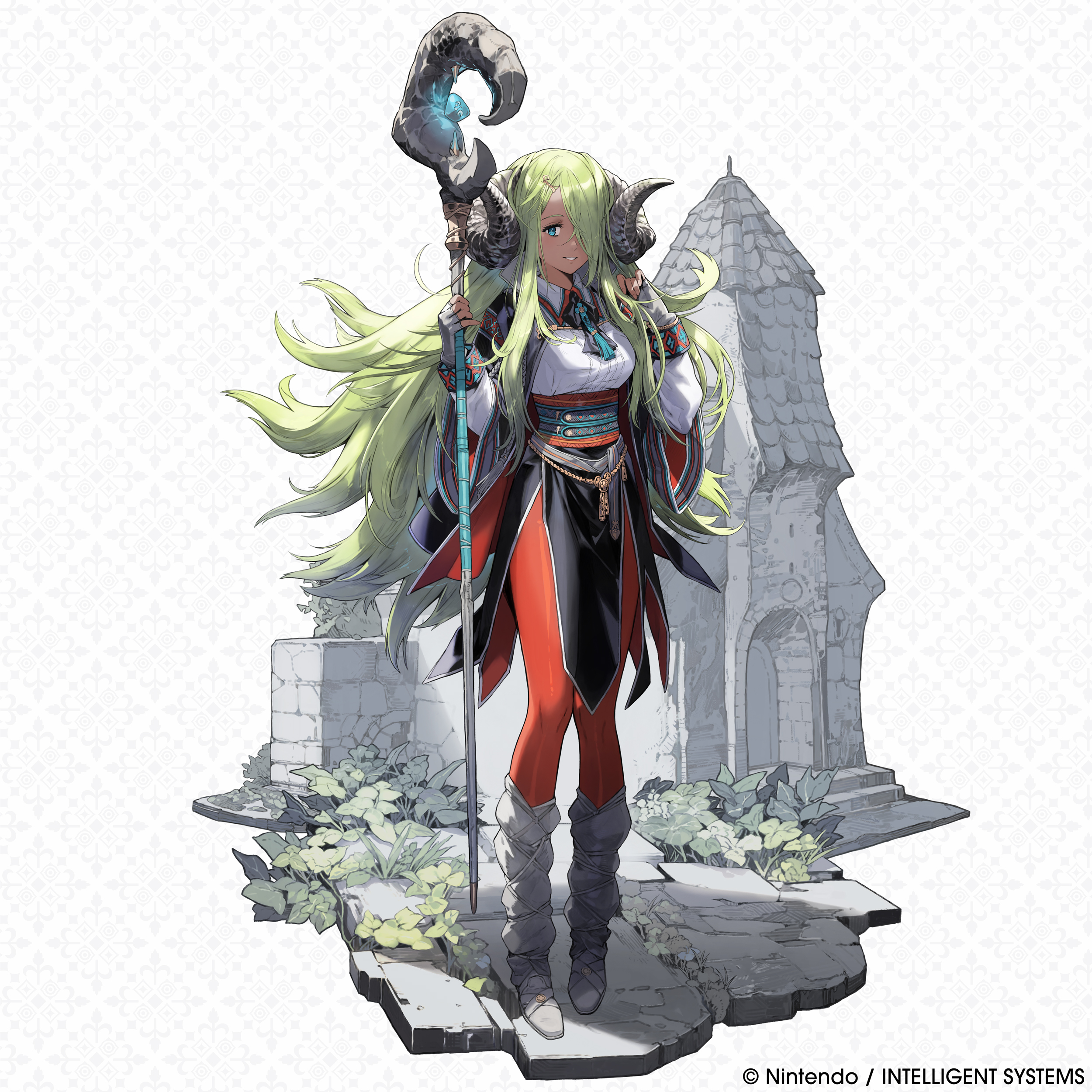 fire emblem, fire emblem shadows, nintendo, absurdres, artist request, commentary, english commentary, highres, official art, second-party source, 1girl, blue eyes, bracelet, company name, full body, green hair, hair ornament, hair over one eye, hairclip, holding, holding staff, horns, jewelry, leggings, long hair, looking at viewer, micaela (fire emblem), parted lips, sheep horns, smile, solo, staff, standing, very long hair
