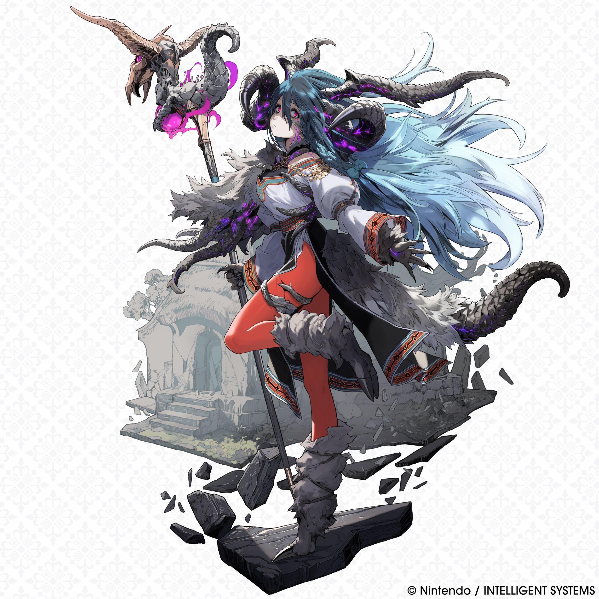 fire emblem, fire emblem shadows, nintendo, absurdres, artist request, commentary, english commentary, highres, official art, second-party source, 1girl, blue hair, claws, closed mouth, company name, corruption, dark persona, full body, gradient hair, holding, holding staff, horns, leggings, long hair, looking at viewer, micaela (fire emblem), mixed horns, multicolored hair, multiple horns, purple eyes, solo, staff, standing, standing on one leg, tail, very long hair