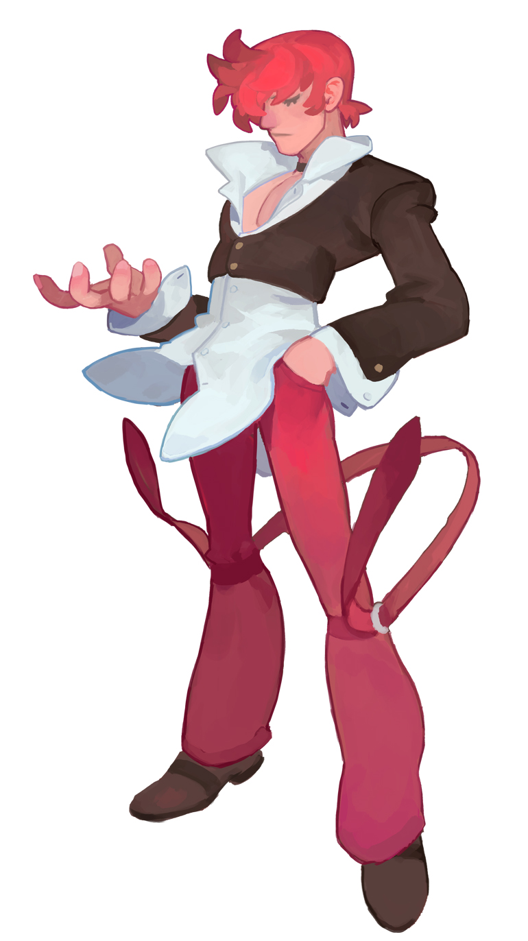 fl (l-fl), yagami iori, the king of fighters, commentary, english commentary, highres, 1boy, black choker, choker, closed eyes, hand in pocket, pants, red hair, red pants, short hair, simple background, solo, unbuttoned sleeves, white background