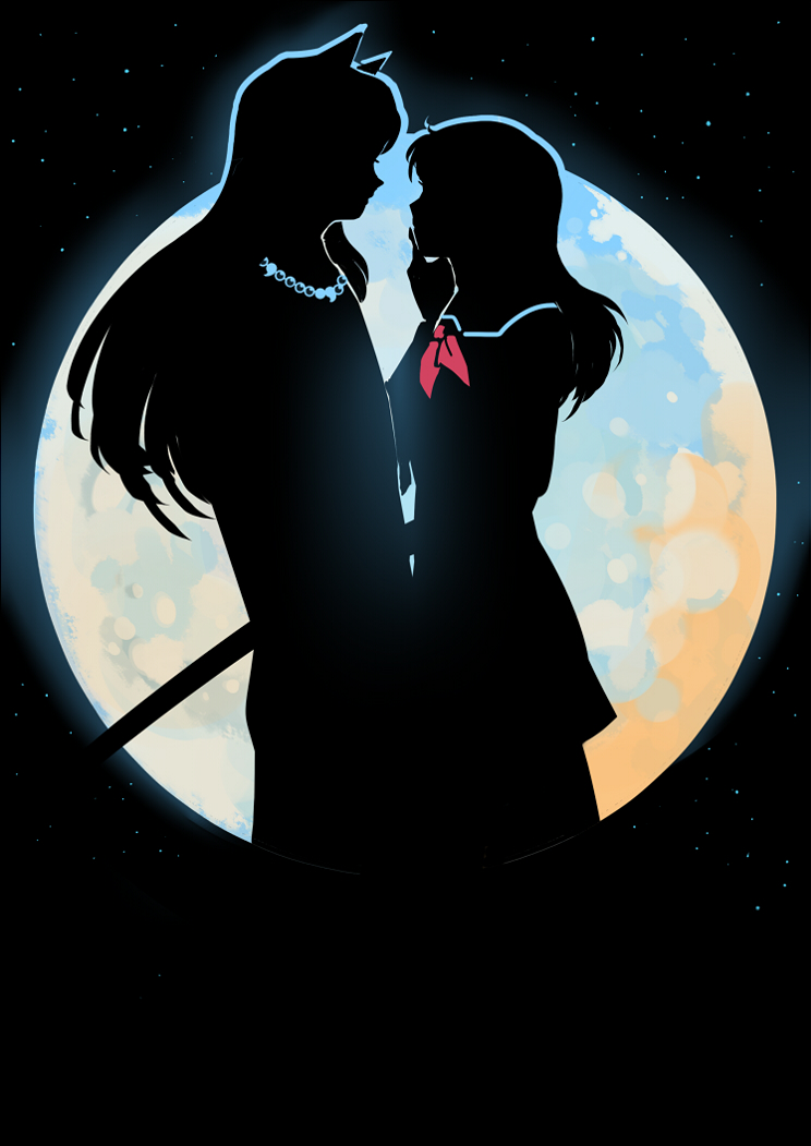 bangqiao yan, inuyasha (character), inuyasha, character request, animal ears, blue outline, cat ears, cowboy shot, faceless, facing another, from side, hand on another's face, jewelry, long hair, moon, neck ribbon, necklace, outline, ribbon, scabbard, sheath, silhouette, sky, space, standing, star (sky), starry sky