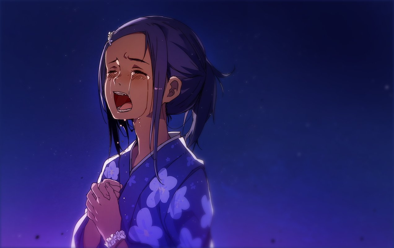 bunbun, original, commentary request, 1girl, blue background, blue kimono, closed eyes, crying, floral print, hair ornament, hairclip, hands on own chest, japanese clothes, kimono, open mouth, ponytail, purple hair, scrunchie, sidelocks, solo, streaming tears, tears, upper body, wrist scrunchie