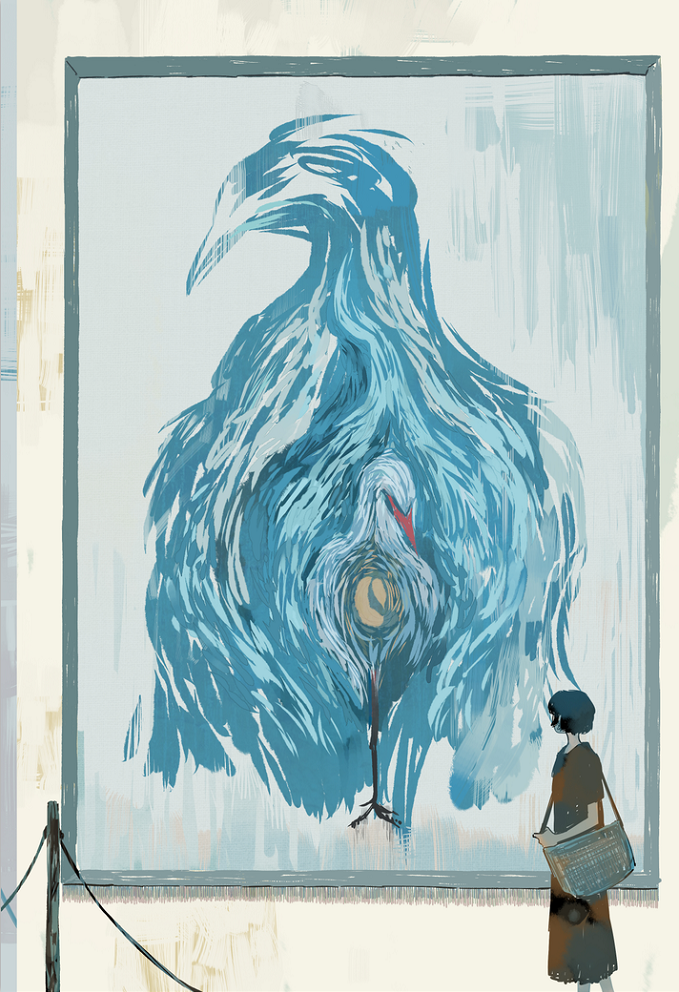 bangqiao yan, original, 1girl, bag, bird, black hair, bob cut, brown dress, cowboy shot, dress, from side, impressionism, mini person, minigirl, painting (object), short hair, shoulder bag, stanchion, stork