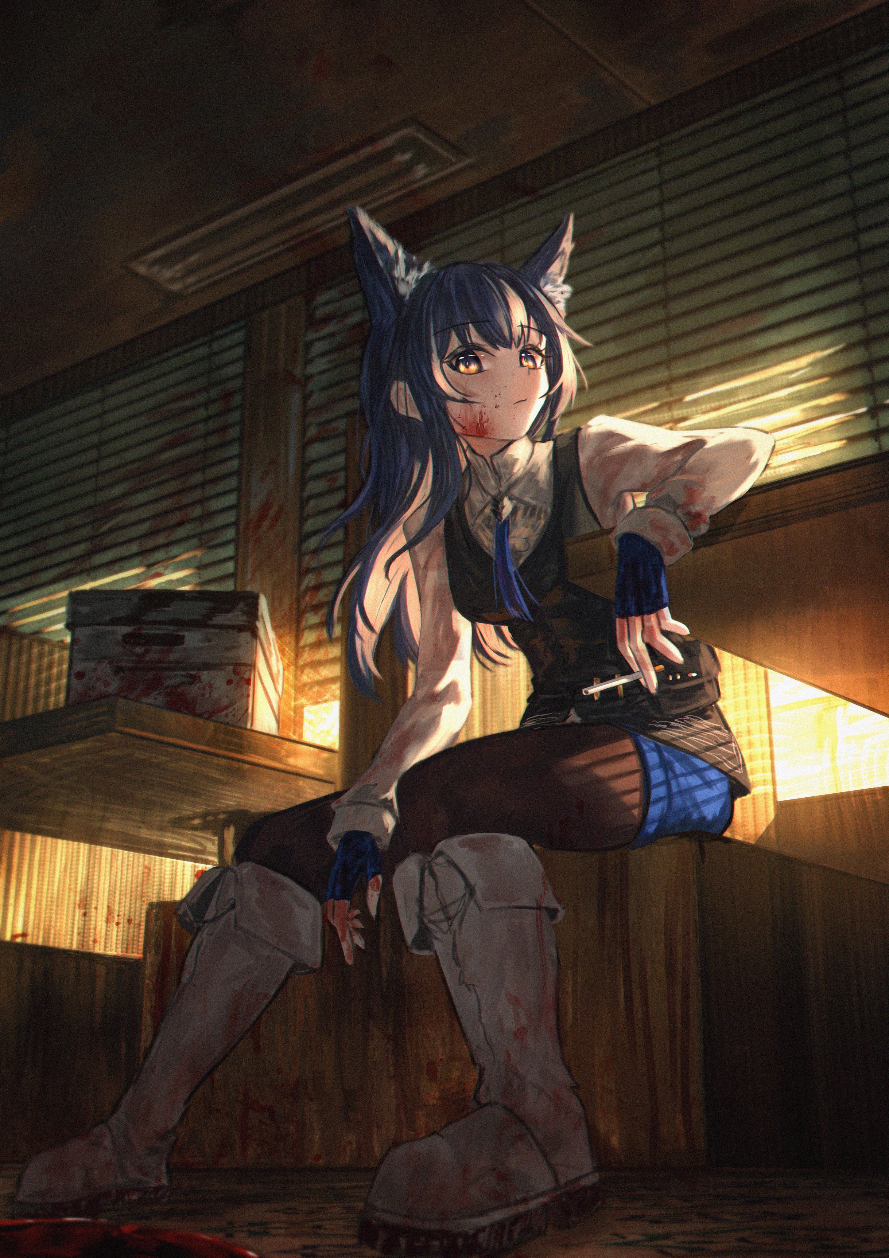 mrsillust, texas (arknights), texas the omertosa (arknights), arknights, absurdres, commentary, english commentary, highres, 1girl, animal ears, between fingers, black vest, blood, blood on clothes, blood on face, blood on hands, bolo tie, boots, box, brown pantyhose, cardboard box, cigarette, closed mouth, collared shirt, day, fingerless gloves, full body, gloves, grey boots, holding, holding cigarette, indoors, knee boots, long hair, long sleeves, looking at viewer, multicolored eyes, pantyhose, purple eyes, purple gloves, purple hair, purple shorts, shirt, short shorts, shorts, sitting, solo, sunlight, two-tone eyes, vest, white shirt, wolf ears, wolf girl, yellow eyes