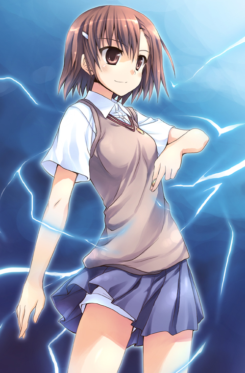 kusakami akira, misaka mikoto, toaru majutsu no index, 00s, brown eyes, brown hair, electricity, electrokinesis, hair ornament, hairclip, school uniform, skirt, smile