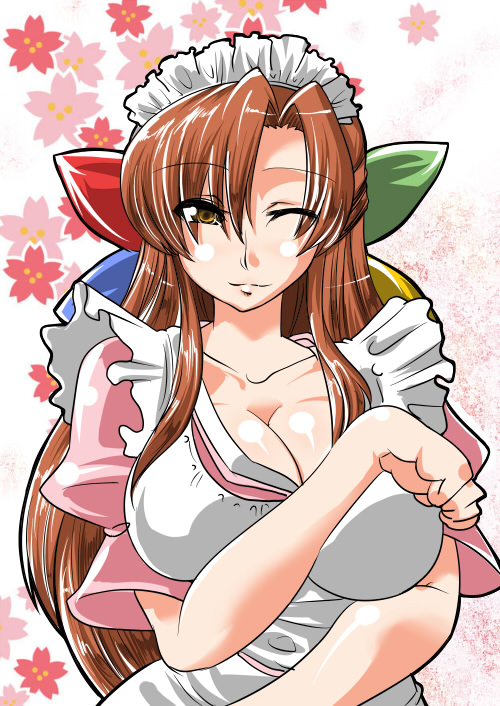 shisotex, shisoworld, 95-tan, os-tan, bad id, bad pixiv id, 1girl, :3, breasts, brown hair, cleavage, female focus, huge breasts, long hair, one eye closed, solo, wink