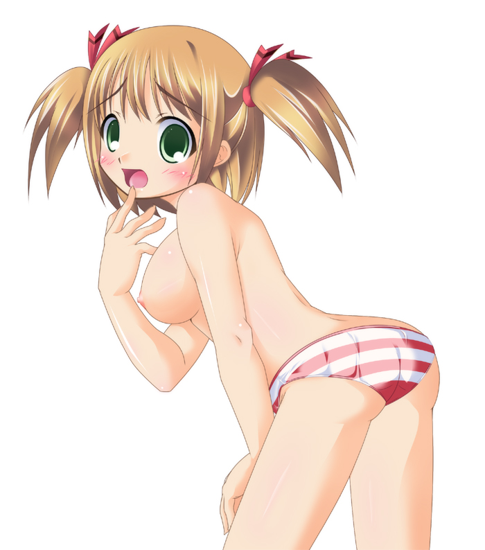 beast, ass, blush, breasts, brown hair, green eyes, nipples, open mouth, panties, short hair, twintails, underwear