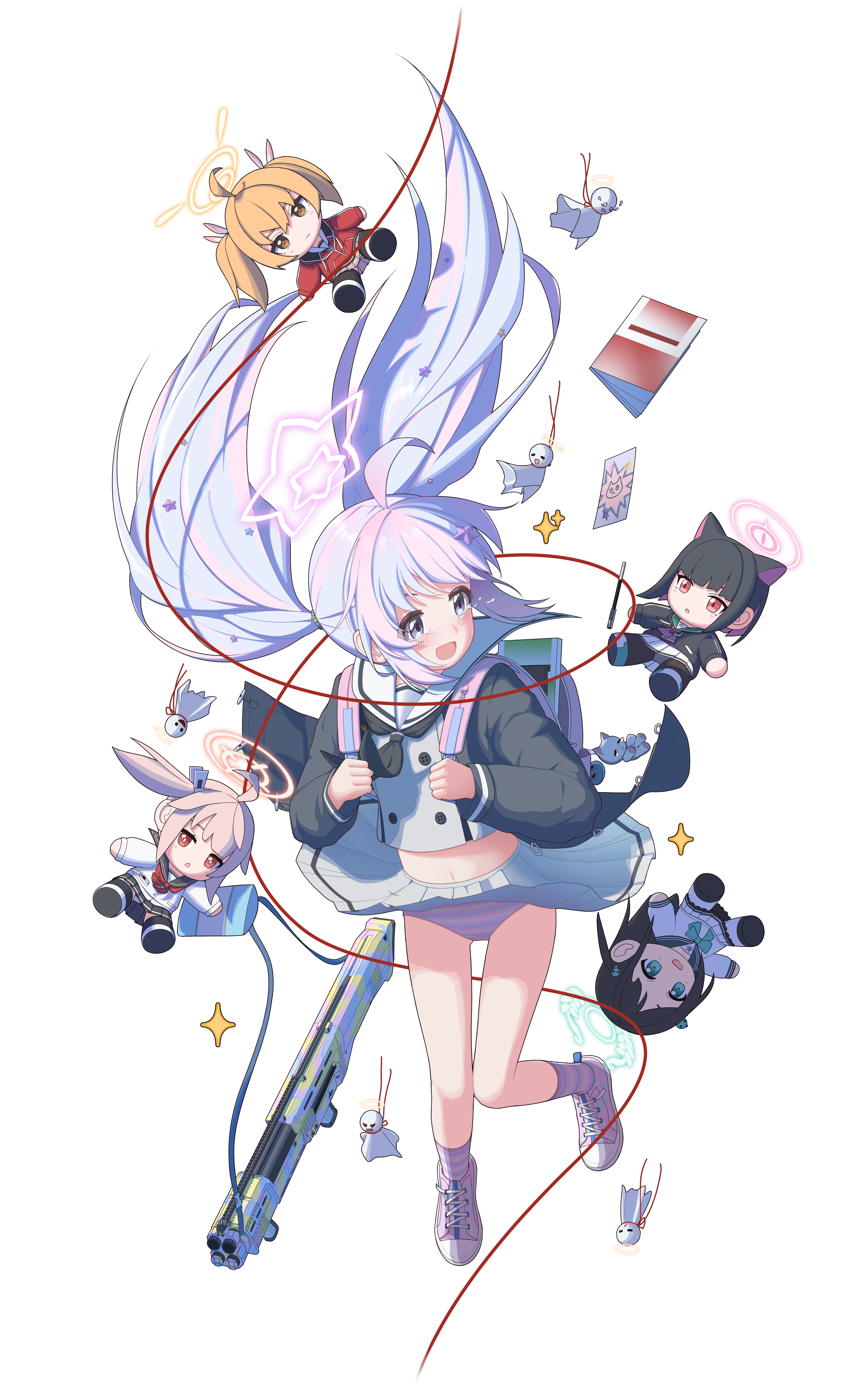 dsfr, airi (blue archive), kazusa (blue archive), natsu (blue archive), reisa (blue archive), yoshimi (blue archive), blue archive, absurdres, chinese commentary, commentary request, highres, mixed-language commentary, 1girl, :d, after-school sweets club (blue archive), ahoge, backpack, bag, black jacket, black neckerchief, blue hair, blue panties, blue socks, blush, book, buttons, character doll, clothes lift, crying, crying with eyes open, doll, double-breasted, floating clothes, floating hair, full body, gluteal fold, green halo, grey serafuku, grey shirt, grey skirt, gun, hair ornament, halo, holding strap, jacket, knees together feet apart, long hair, midriff, multicolored hair, multicolored panties, multicolored socks, navel, neckerchief, open bag, open clothes, open jacket, open mouth, panties, pen, pink bag, pink hair, pink halo, pink panties, pink shoes, pink socks, pleated skirt, sailor collar, sailor shirt, school bag, school uniform, serafuku, shirt, shoes, shotgun, sidelocks, simple background, skirt, skirt lift, smile, sneakers, socks, sparkle, standard manufacturing dp-12, star (symbol), star hair ornament, star halo, string, striped clothes, striped panties, striped socks, tears, teruterubouzu, turning head, twintails, two-tone hair, underwear, weapon, white background, white sailor collar, wind, wind lift, yellow halo