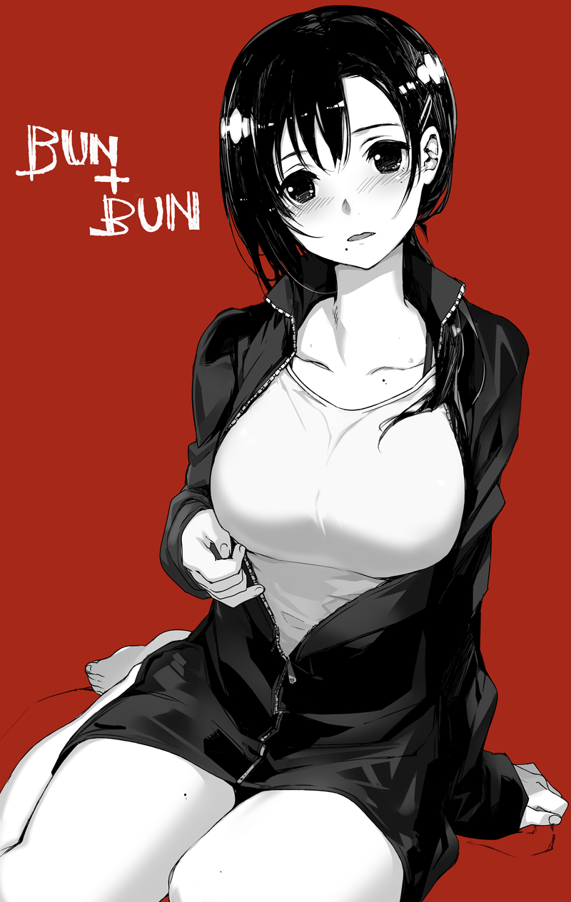 bunbun, original, commentary request, highres, variant set, 1girl, black hair, blush, breast expansion, breasts, collarbone, greyscale with colored background, hair ornament, hairclip, jacket, large breasts, mole, mole on collarbone, mole on thigh, mole under eye, mole under mouth, multiple moles, short hair, sitting, solo, yokozuwari, zipper