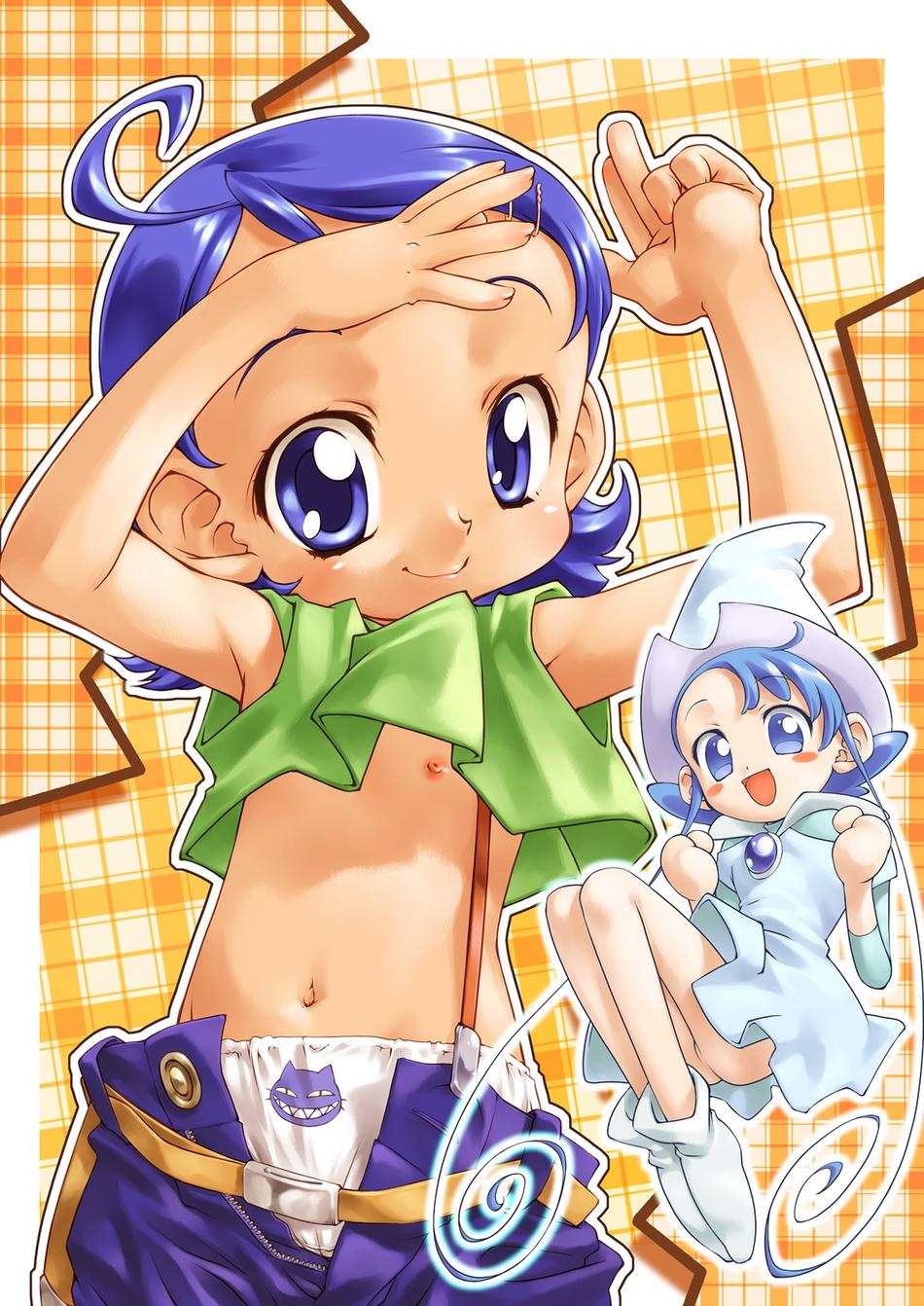 mimi(ojamajo doremi), senoo aiko, ojamajo doremi, highres, tagme, 2girls, ahoge, ass, belly, belt, bottomless, flat chest, loli, looking at viewer, multiple girls, navel, nipple slip, nipples, no panties, panties, pants, pussy, smile, underwear