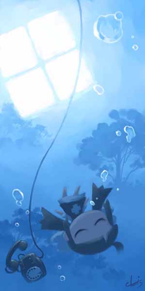 tanaka kunihiko, original, archived source, commentary, english commentary, ahoge, antique phone, artist name, black dress, blue background, blue theme, brown hair, bubble, cable, closed eyes, corded phone, dress, layered dress, long hair, long sidelocks, low twintails, muntins, phone, rotary phone, ruby-ko, short sleeves, sidelocks, tree, twintails, underwater, water drop, white dress, white sleeves, window light