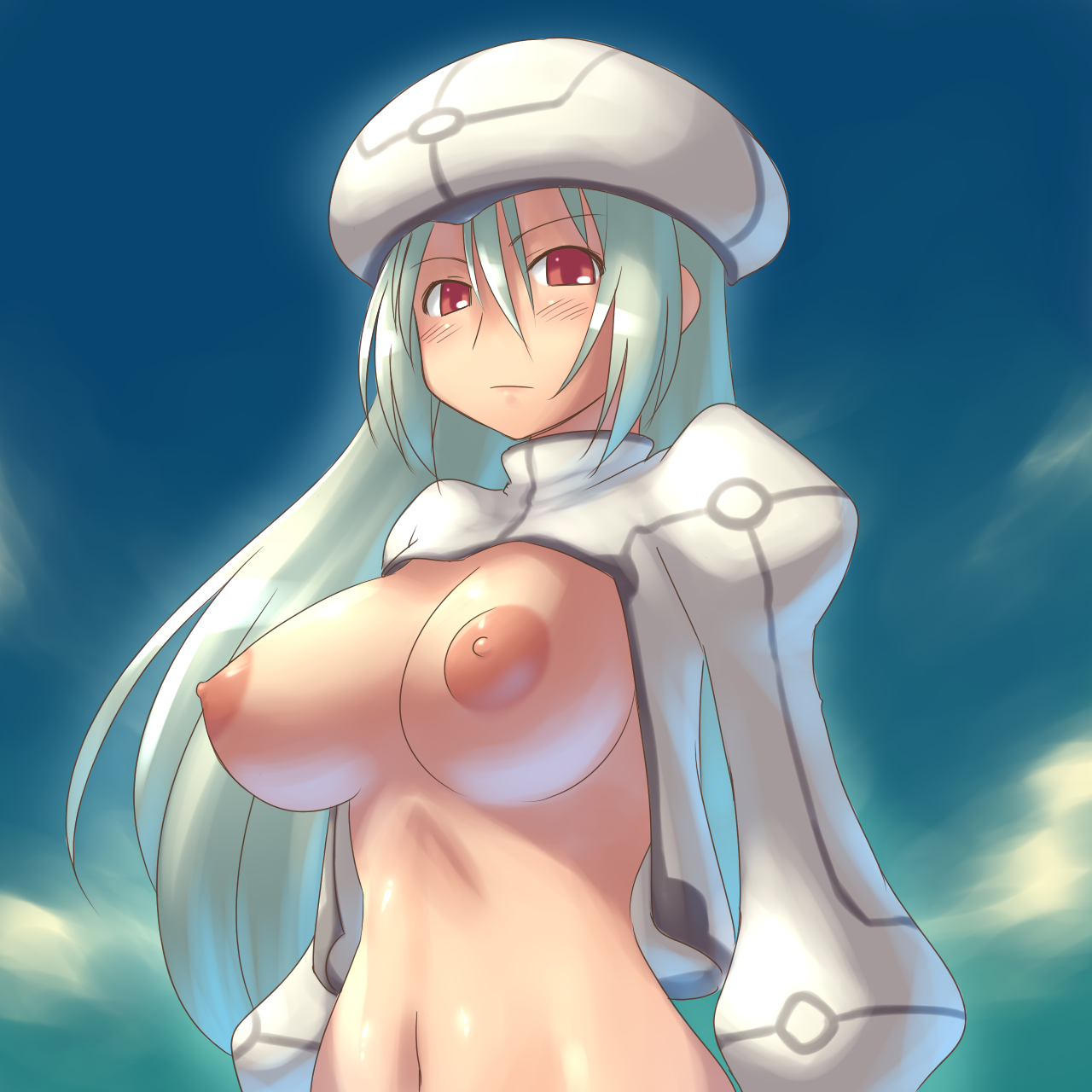 aaaa (quad-a), original, bad id, bad pixiv id, highres, 1girl, blush, breasts, female focus, hat, huge breasts, long hair, long sleeves, navel, nipples, shirt, solo, white hair, white theme