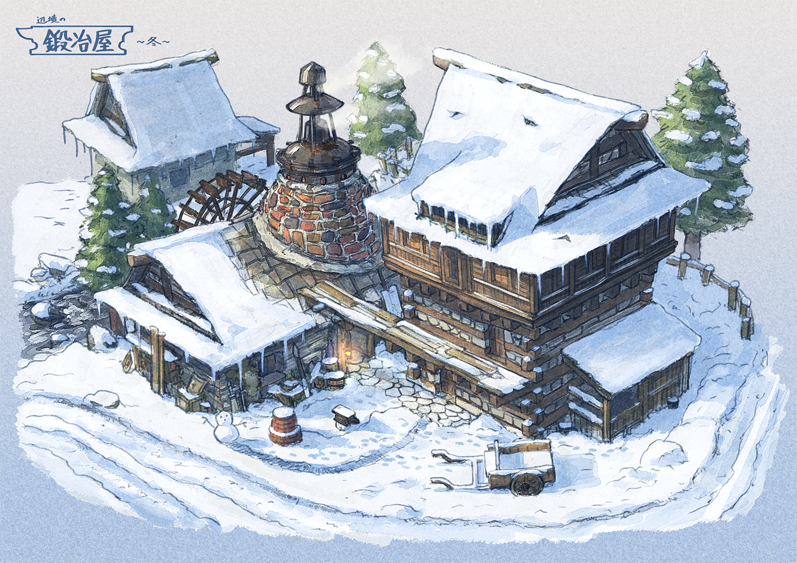 poppo sutchy, original, highres, translation request, architecture, barrel, blue background, cabin, cobblestone, fence, gradient background, grey background, house, icicle, isometric, no humans, outdoors, pine tree, scenery, smoke, snow, snowman, tree, water wheel, wheelbarrow
