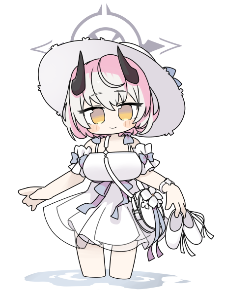 miranofuudoria, sena (blue archive), blue archive, 1girl, bag, bare shoulders, blue bow, blush stickers, bow, breasts, brown eyes, chibi, closed mouth, dress, flower, grey hair, halo, hat, holding, holding shoes, holding unworn clothes, horns, large breasts, shoes, shoulder bag, simple background, sleeveless, sleeveless dress, smile, solo, standing, unworn shoes, wading, water, white background, white dress, white flower, white hat, white shoes