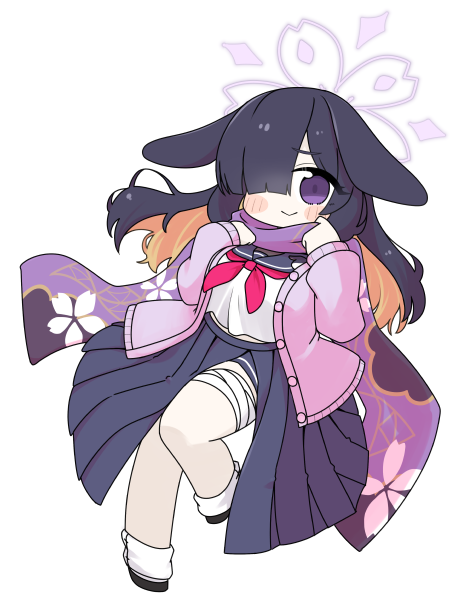 miranofuudoria, tsukuyo (blue archive), blue archive, 1girl, animal ears, bandaged leg, bandages, black hair, black shoes, blue sailor collar, blue skirt, blush stickers, breasts, brown hair, cardigan, closed mouth, floppy ears, full body, hair over one eye, halo, hands up, large breasts, long hair, long sleeves, multicolored hair, neckerchief, open cardigan, open clothes, pink cardigan, pleated skirt, puffy long sleeves, puffy sleeves, purple eyes, rabbit ears, red neckerchief, sailor collar, school uniform, serafuku, shirt, shoes, simple background, skirt, sleeves past wrists, smile, socks, solo, two-tone hair, very long hair, white background, white shirt, white socks